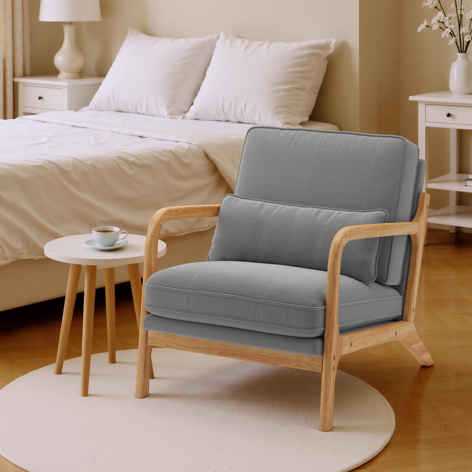 Lounge-Sessel, Lounge-Stuhl mit Armlehnen&Holzrahmen, Moderner Polstersessel für Wohnzimmer, Schlafzimmer, Leseecke, Büro (82 x 65 x 75 cm, Grau)