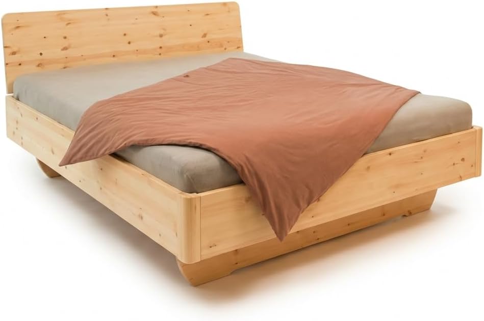 Schwebebett FREYA aus massivem Zirbenholz, metallarme Verbindung, handgefertigt in Jena, komfortable Bettkantenhöhe 47 cm, Bettgestell optional mit Bettkasten (200x200 cm, Mit 1 Bettkasten metallarm)