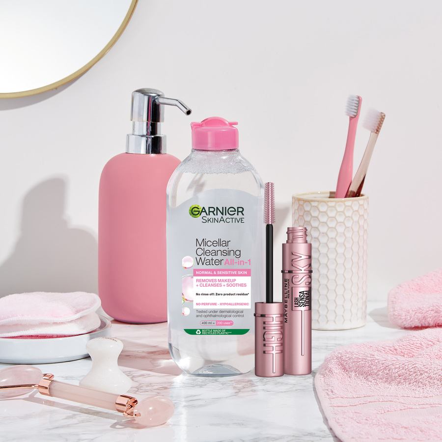 Maybelline Lash Sensational Sky High Mascara Black + Garnier Micellar Cleansing Water Normal & Sensitive Skin