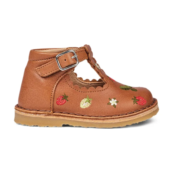 Petit Nord Salomés T-Bar Brodées Fraises - Collection Uniqua | Cognac