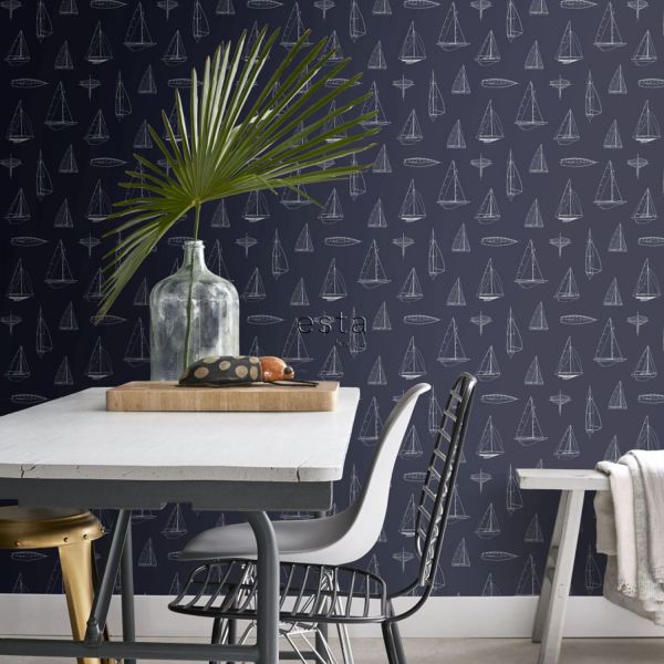 Estahome Boten Behang - 0,53 x 10,05 m - Marine Blauw