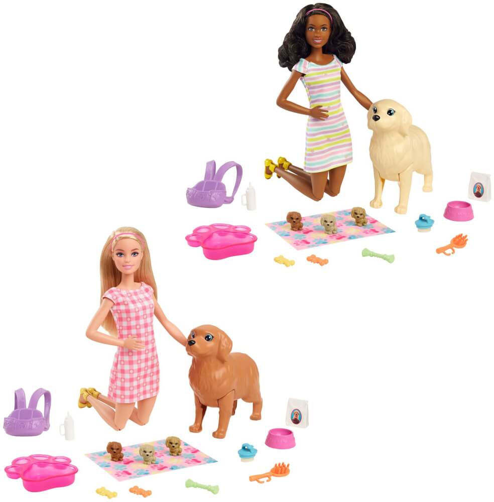 Barbie Puppe (blond) mit Hund und Welpen