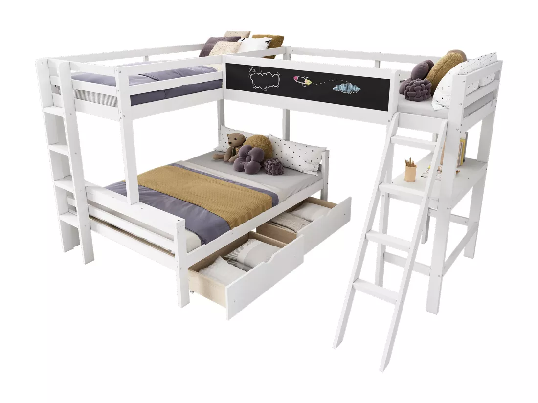 Lit superposé pour enfants avec tiroirs et bureau, lit triple en bois de pin, avec étagère, 140x200 cm1 + 90x200 cm2, blanc, sans matelas
