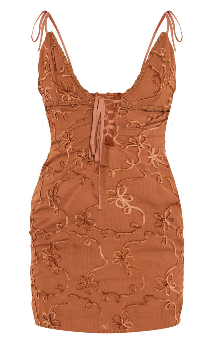 Chocolat Robe Droite Décolletée À Lacets En Dentelle Texturée Douce À Motif Floral