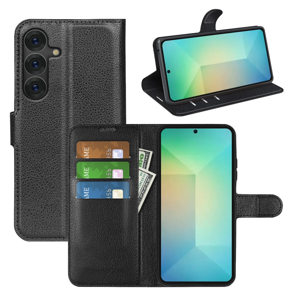 Samsung Galaxy S25 Leder Tasche Flip Cover Litchi Look - Schwarz