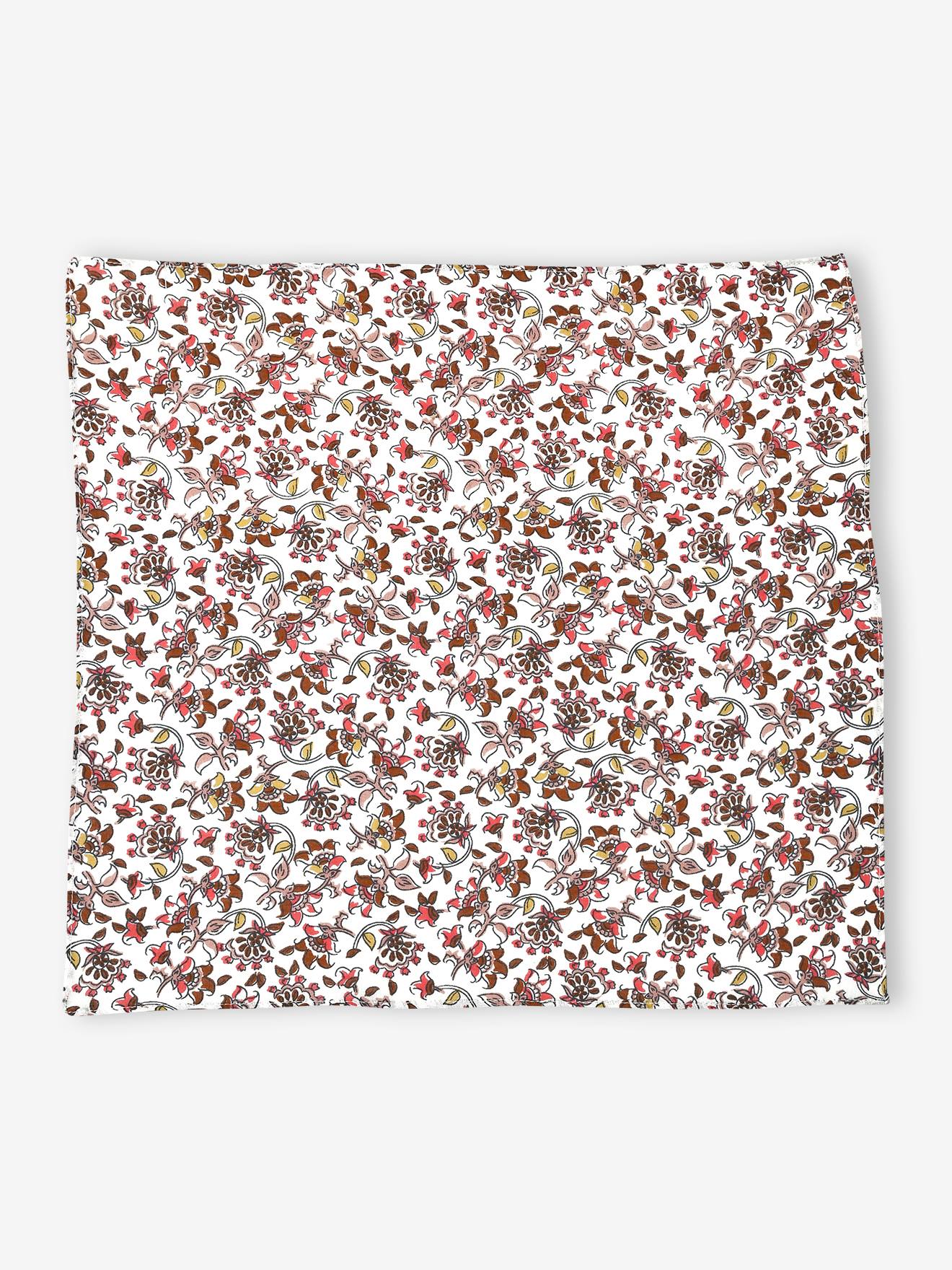 Cachecol infantil personalizável com estampa floral e acabamento natural.