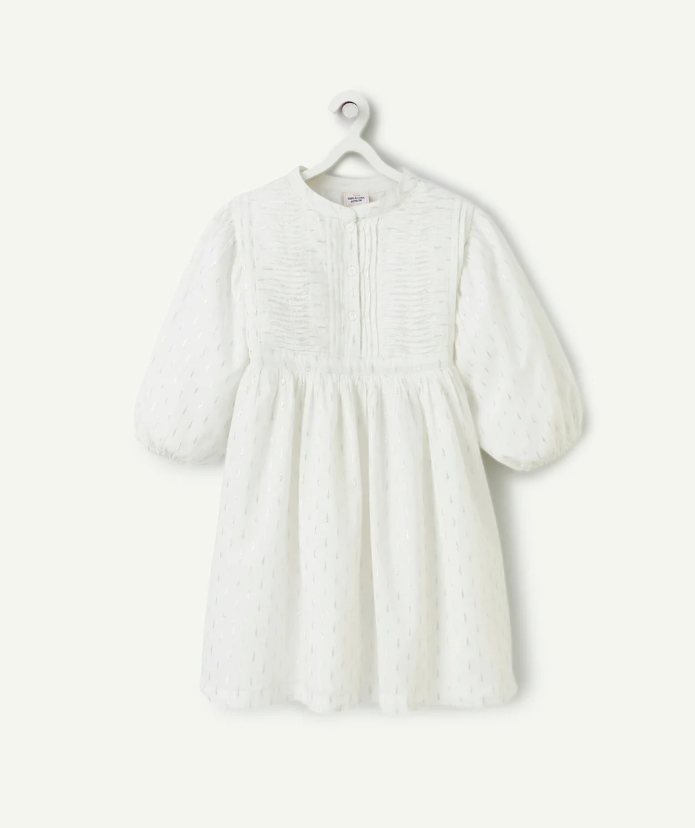 robe manches courtes fille blanche avec détails couleur argentée