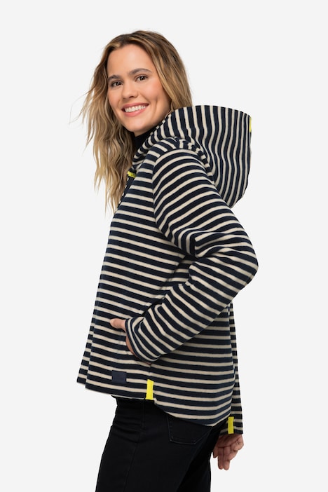 Hoodiejacke, geringelter Fleece, Kapuze, Langarm