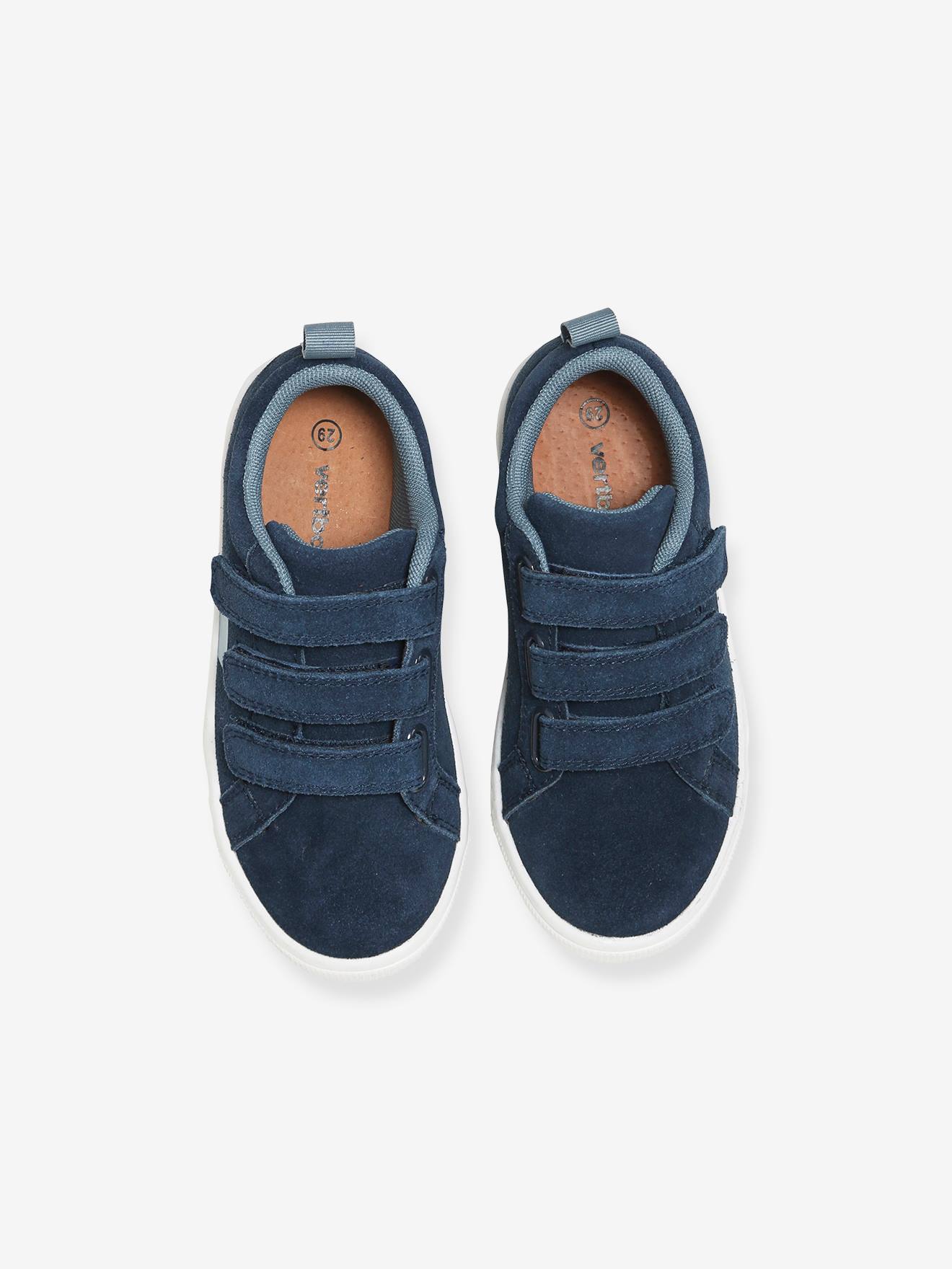 Tênis de couro com fecho de velcro, para meninos, azul escuro liso