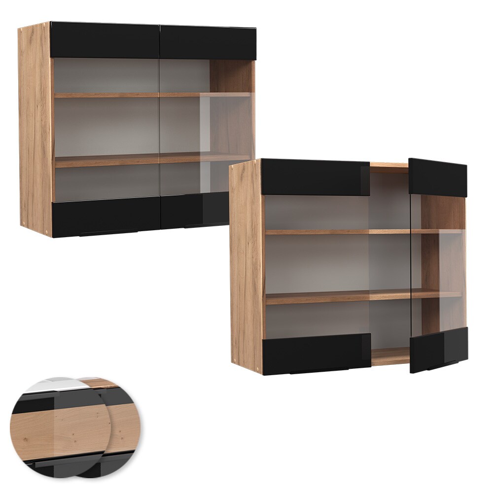 Vicco Glashängeschrank Küchenschrank Küchenmöbel Fame-Line Eiche Schwarz 80 cm modern Hochglanz