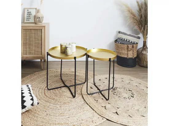 SYMBA - Table d'Appoint D35cm Plateau en Métal Doré Martelé Pieds en Métal Noir