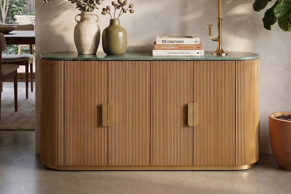 Design Sideboard VENEZIANO 170cm braun Mangoholz grün Marmor gold