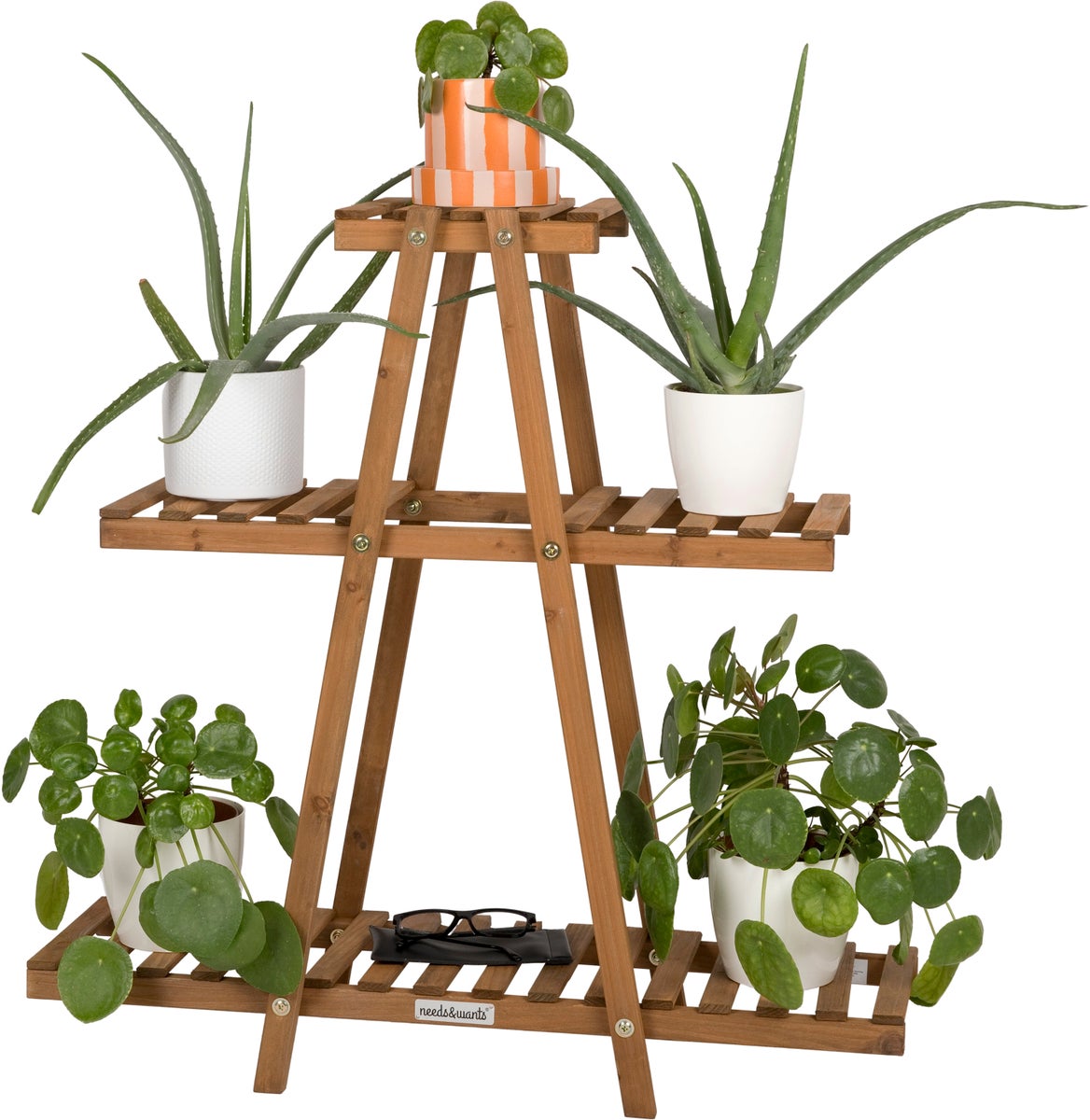 needs&wants® Houten plantenstandaard/bloemenstandaard, weerbestendig voor binnen- en buitengebruik, balkon-/tuin-/muurgebruik, plantenplank/bloementrap, 83 x 28 x 83 cm hoog, bruin
