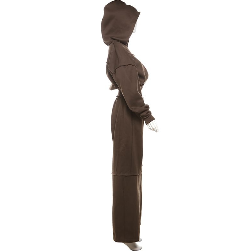 Emilyn - Set: effen paneel hoodie met rits + elastische taille wijde pijpen joggingbroek