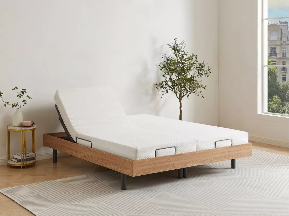 Sommier électrique de relaxation déco lattes et 2x30 plots - 2 x 90 x 200 cm - Chêne naturel - CISERANO de YSMÉE