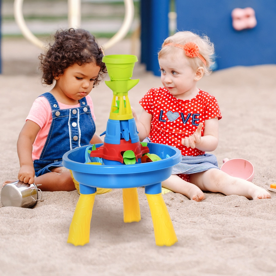 HOMCOM Kinder Sandkastentisch mit 21-tlg. Zubehör blau, gelb