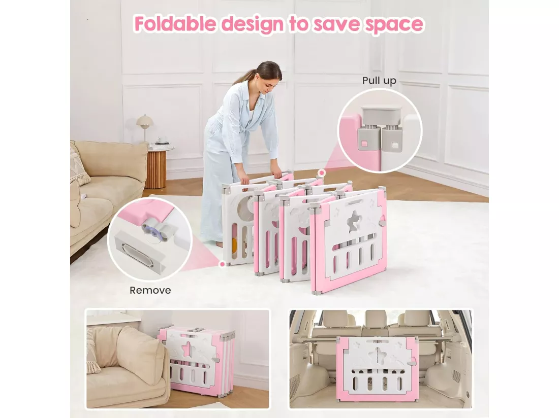 Parc Bébé 16+2 Panneaux,Barrière de Sécurité Portail Parc XXL,Grille de Protection en Plastiqu Ecologiques avec Porte,190x190cm,Rose