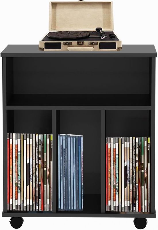Lp Vinyl Opbergkast - Zwart - Praktisch en Verrijdbaar Design