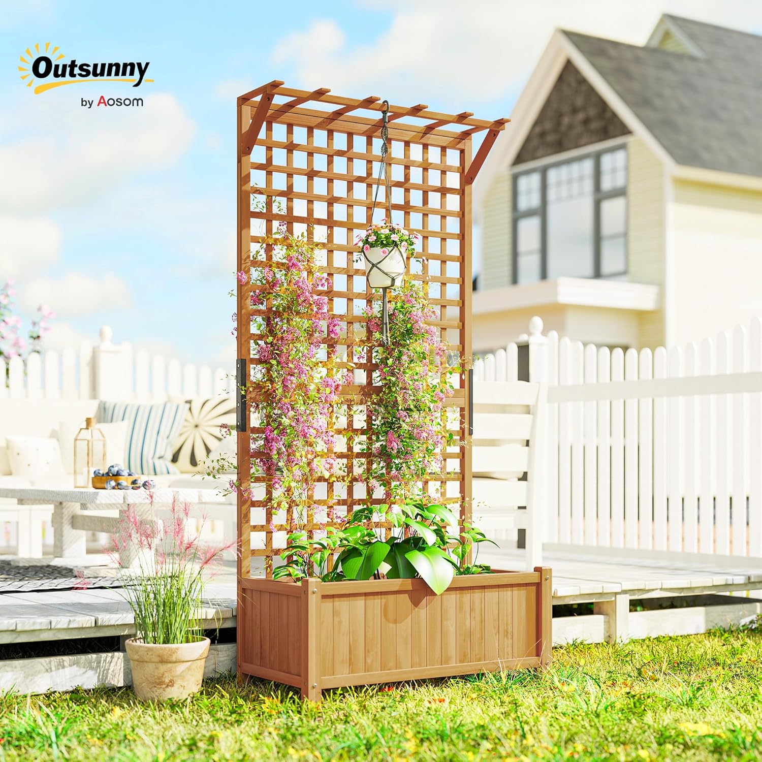 Outsunny Hochbeet Pflanzkasten mit Rankgitter, Spalier Pflanzkübel Blumenkasten Holz, Gartenspalier 90 x 45 x 183cm für Garten Balkon Terrasse, Blumenkübel für Kletterpflanzen Korbpflanzen, Blumen