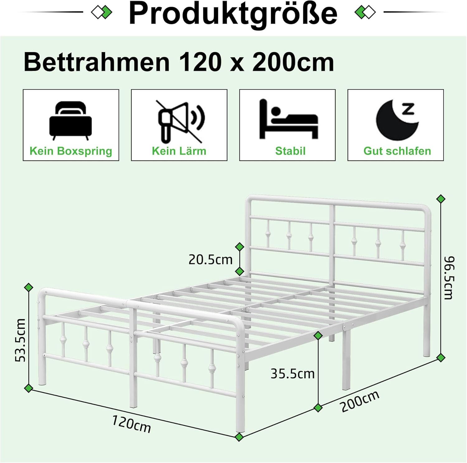 EMODA Bettgestell 120 x 200 cm, Metallbett Doppelbett mit Kopfteil und Fußteil im viktorianischen Stil, 36 cm hoch mit Stahl-Lattenrost, Geräuschfrei, Einfache Montage, Weiß