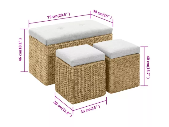 Banc avec 2 poufs Jacinthe d'eau Gris