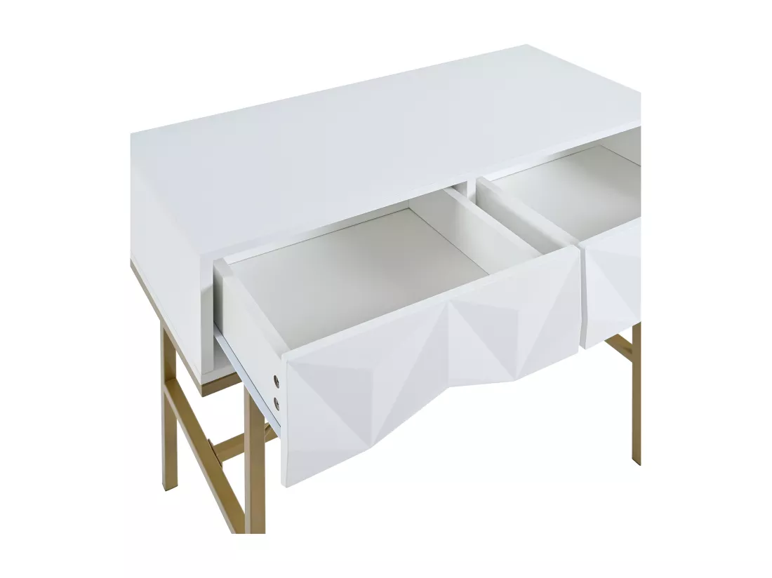 Table console moderne, design creux à 2 tiroirs, Blanc & Doré
