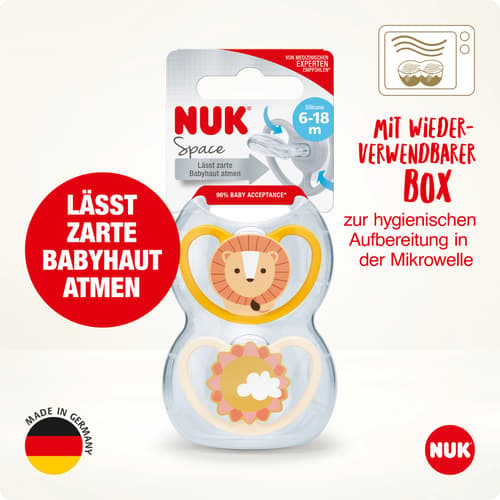 NUK Space Silikon-Schnuller 6-18 Monate, 2 Stück, gelb & beige