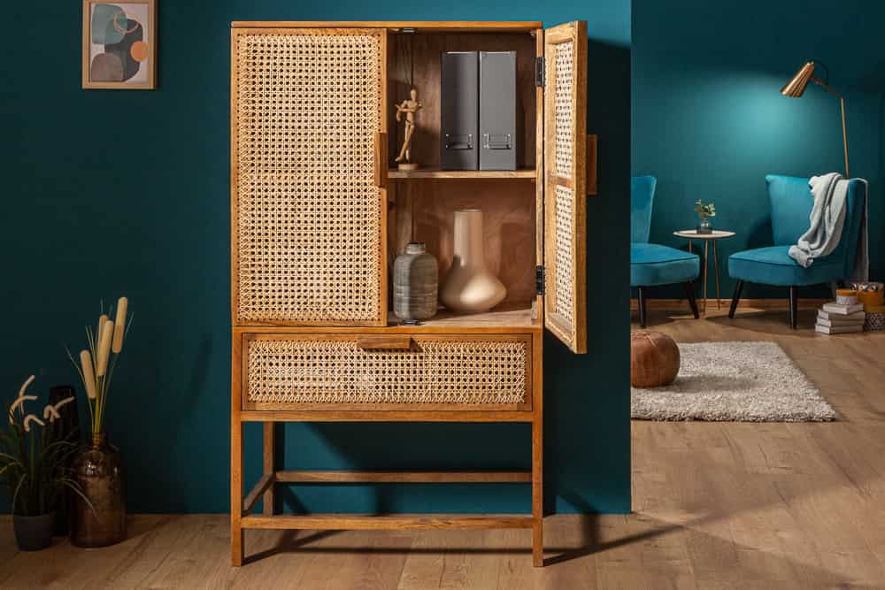 Massives Highboard BAMBOO LOUNGE 140cm Mangoholz Bambus mit Wiener Geflecht