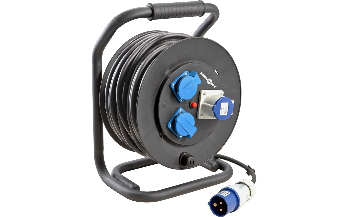 Brunner Drummer Rubber Kabeltrommel CEE-Stecker auf 2 Schutzkontakt-Steckdosen / 1 CEE Steckdose mit Überlastungsschutz 25 m / 2,5 mm²
