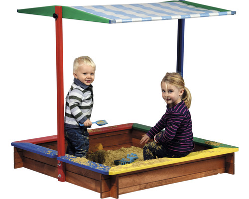 Zandbak met dakbalk 120 x 120 x 125 cm hout veelkleurige vierkante randbescherming