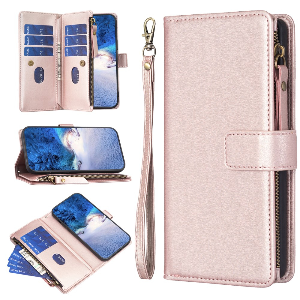 iPhone 15 Pro Leder Wallet Etui Tasche mit 9 Kartenfächern   Münzfach - Roségold