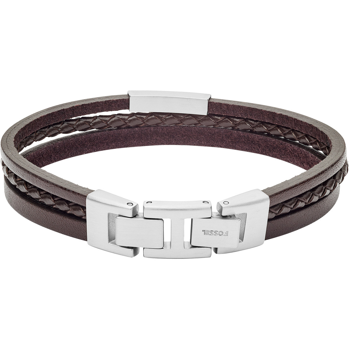 Bracelet FOSSIL acier cuir marron multi-rangs 19,5 cm