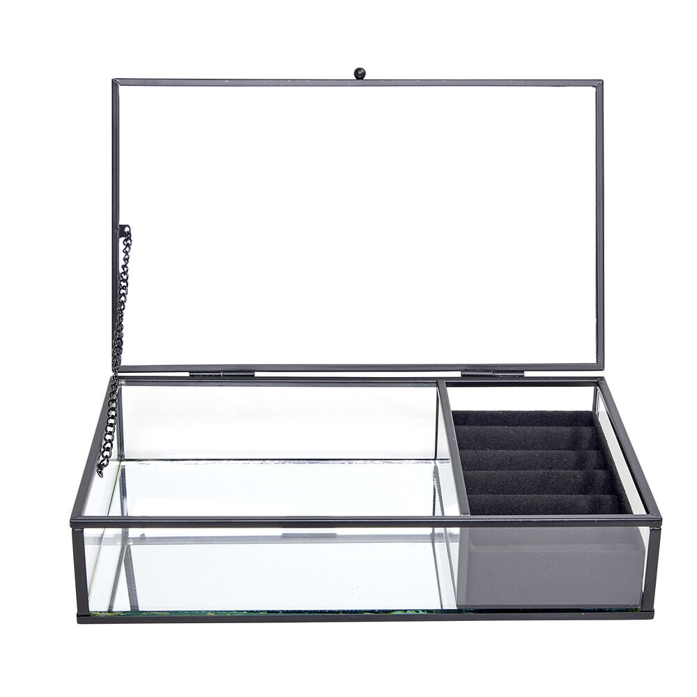 Boîte à bijoux métal et verre 23x14,5xH5cm (2 modèles doré ou noir)