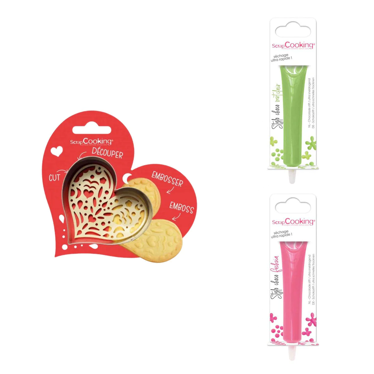 Kit pour biscuit en relief Coeur + 2 Stylos au chocolat vert clair et