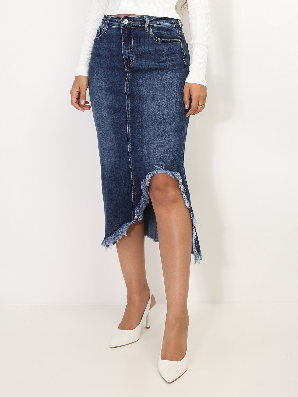 Jupe en denim fendue et effilochée- Bleu