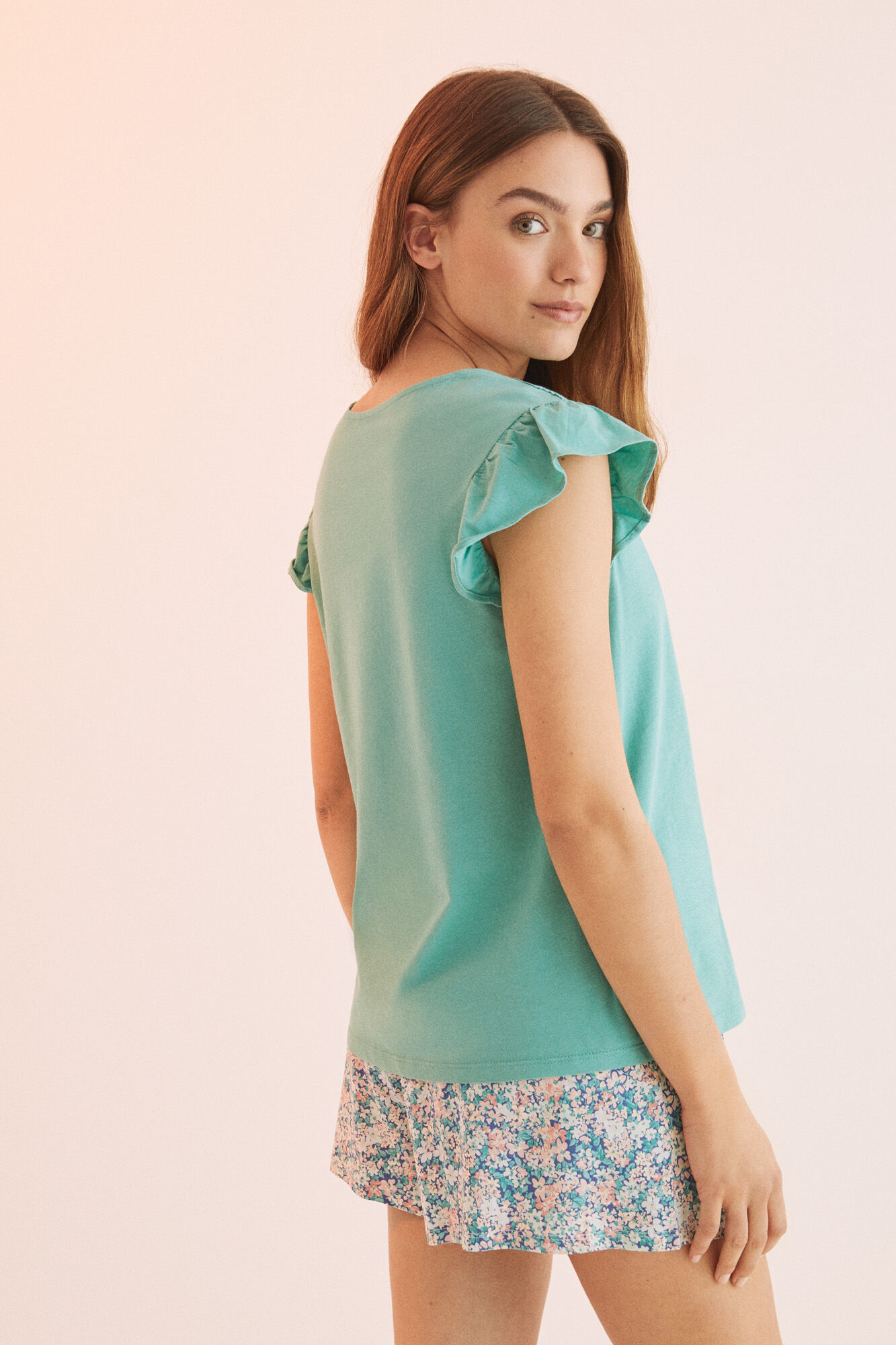 Pijama curto floral 100% algodão - verde