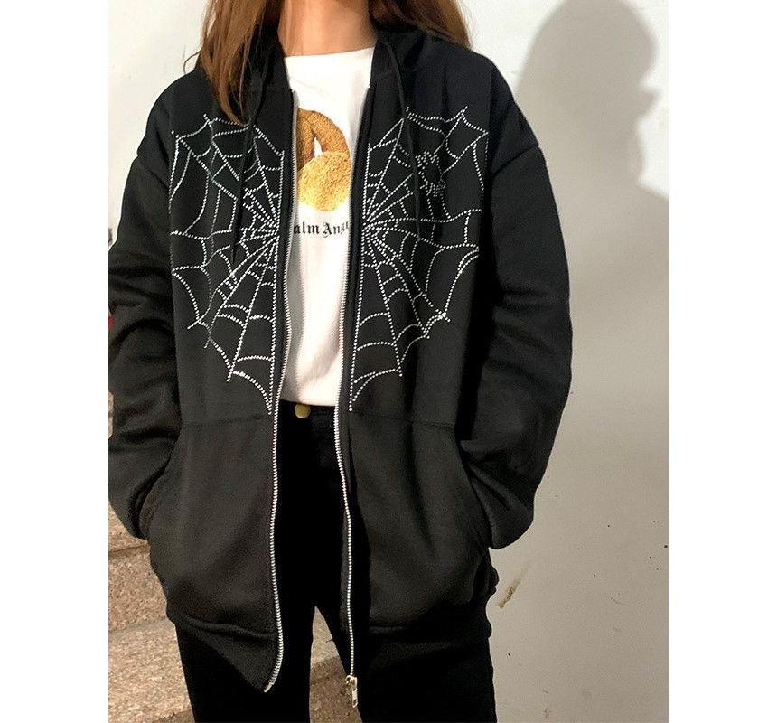 Jeshili - Jas met strass spinnenweb en ritssluiting met capuchon