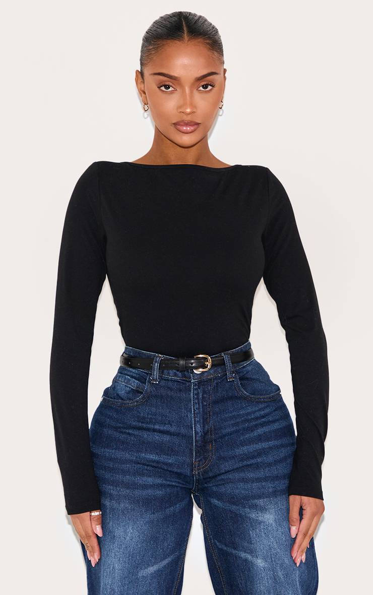 Noir Body Sculptant Shape Col Bateau Manches Longues Avec Soutien-gorge Intégré