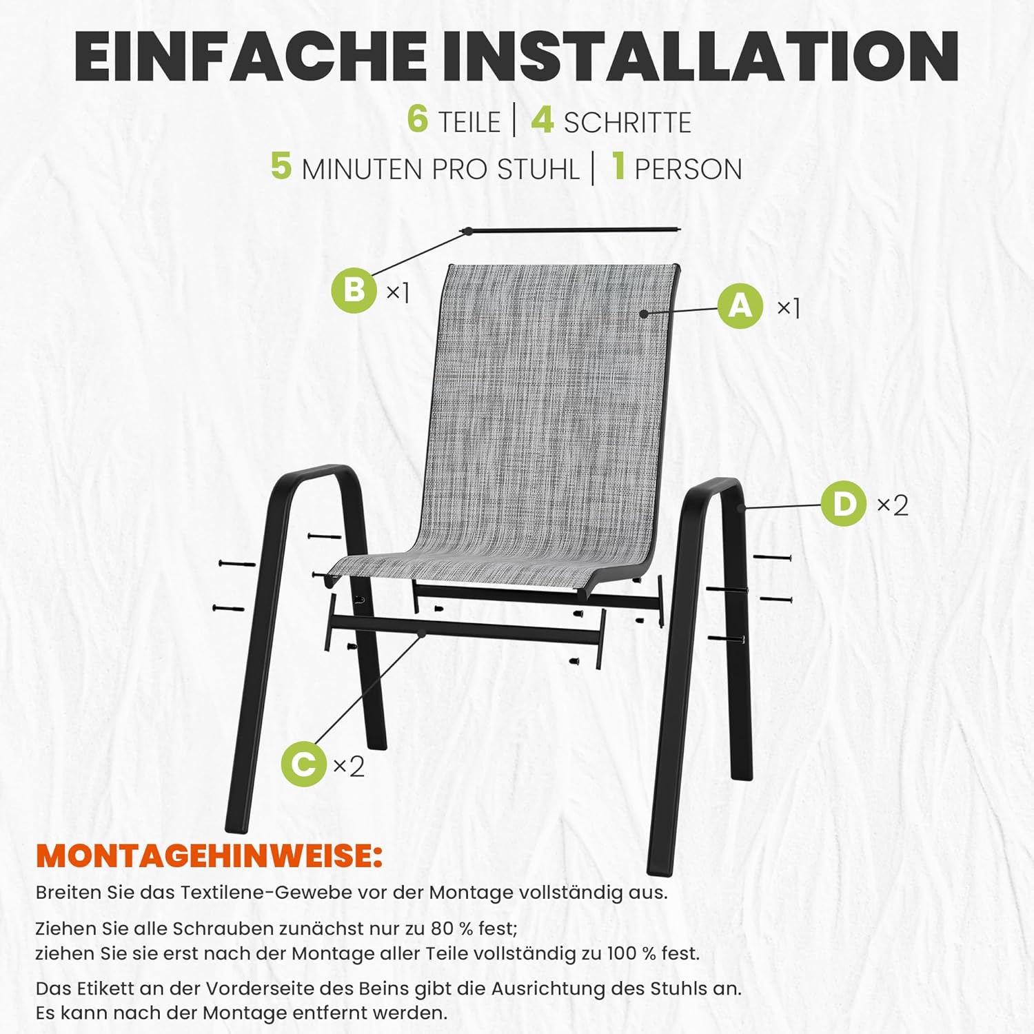 ALAULM Hochlehner Gartenstühle 4er Set Stapelbar, Wetterfeste Terrassenstühle mit Armlehnen, Atmungsaktives Textilene & Stahlgestell für Garten, Balkon, Terrasse, Poolbereich (Grau)