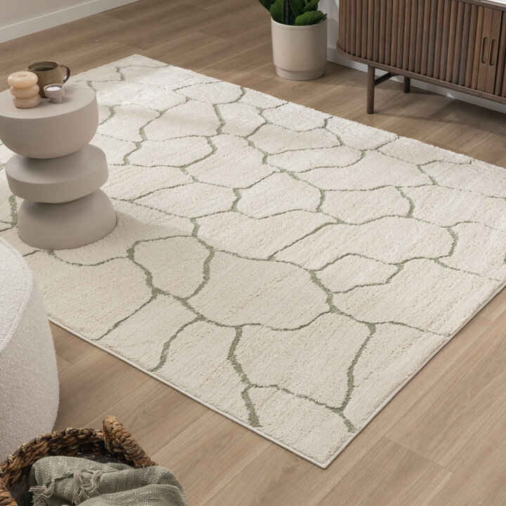 Scandinavisch vloerkleed - Yune Stone Creme/Groen