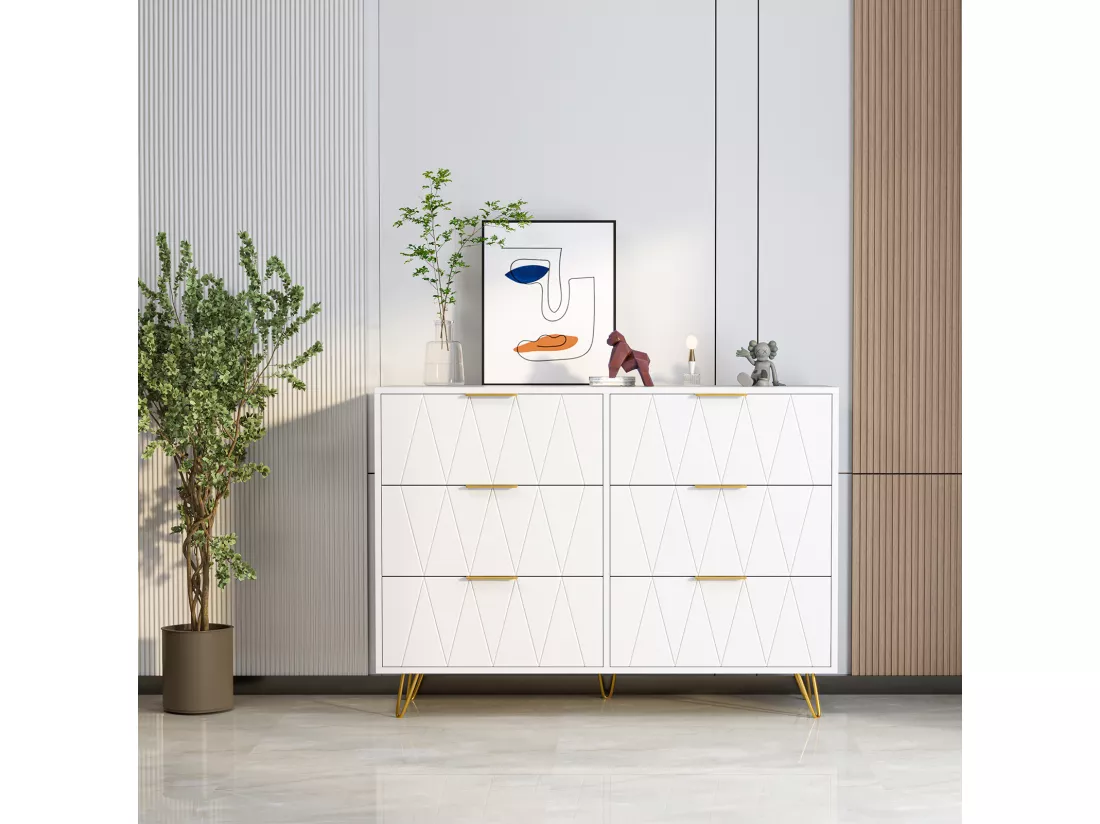 Buffet bas avec 6 Tiroirs - Commode - Bois MDF et métal doré - 100 x 34 x 73cm - Blanc