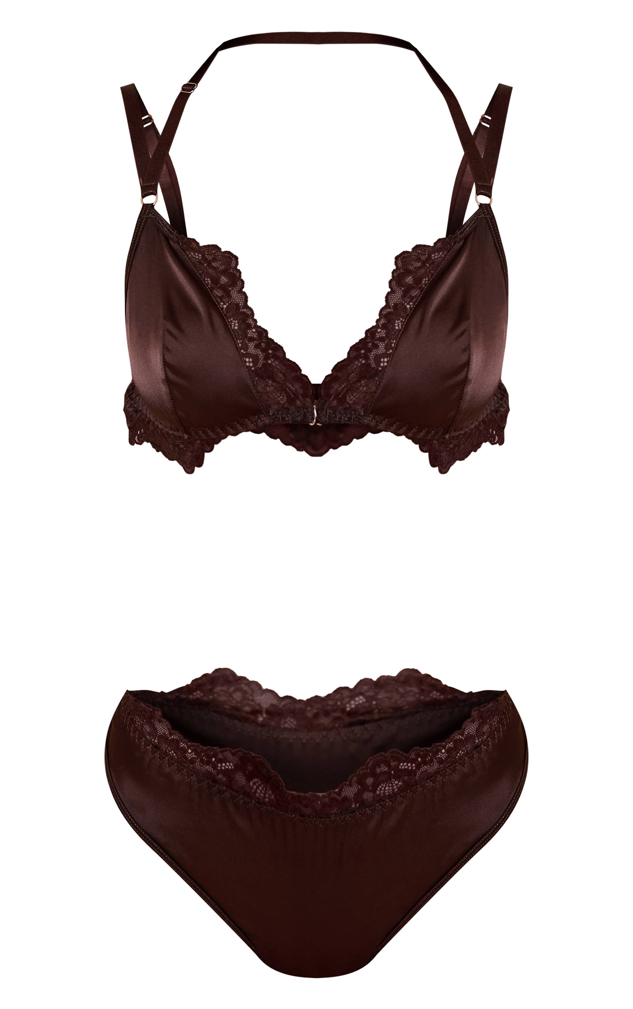 Chocolat Ensemble Soutien-gorge Et Culotte En Satin Avec Détails En Dentelle