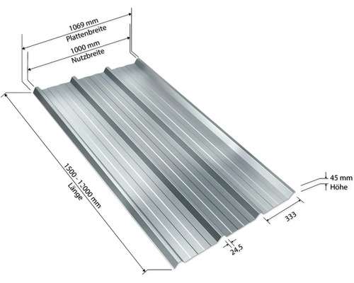 PRECIT trapeziumdakplaat W45LR, verzinkt, vaste breedte 1075 mm x dikte 0,5 mm (verkocht per meter van 150 tot max. 900 cm)