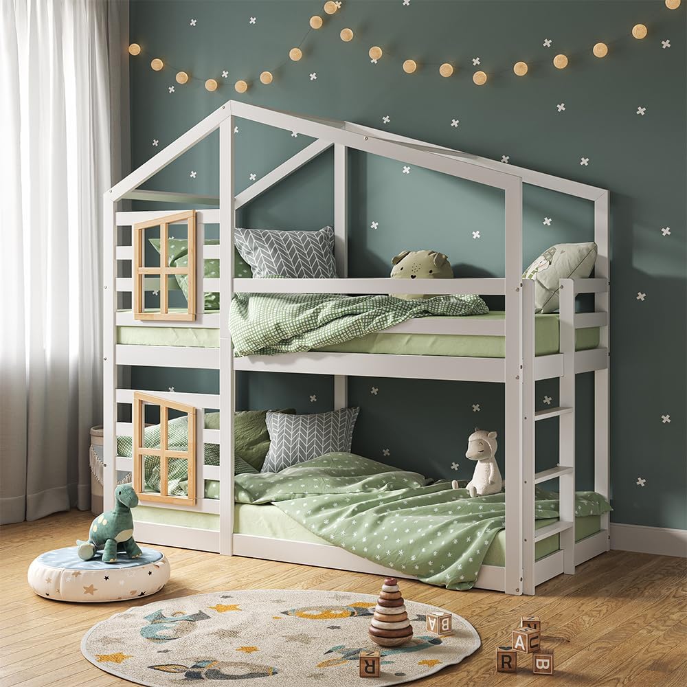 Etagenbett 90x200 cm Maja - Weiß 208x195x97 cm aus Holz - Kinderbett sicher & ideal für 2 Kinder, inklusive Lattenroste