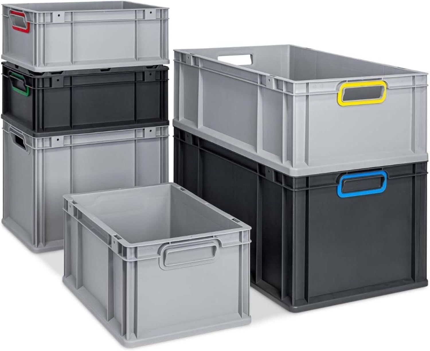 PROREGAL SuperSparSet 4x Eurobox NextGen Color mit Auflagedeckel & Schiebeschnappverschlüsse, HxBxT 22x40x60cm, 44L, Griffe rot geschlossen, Verstärkter Boden, Eurobehälter Transportbox