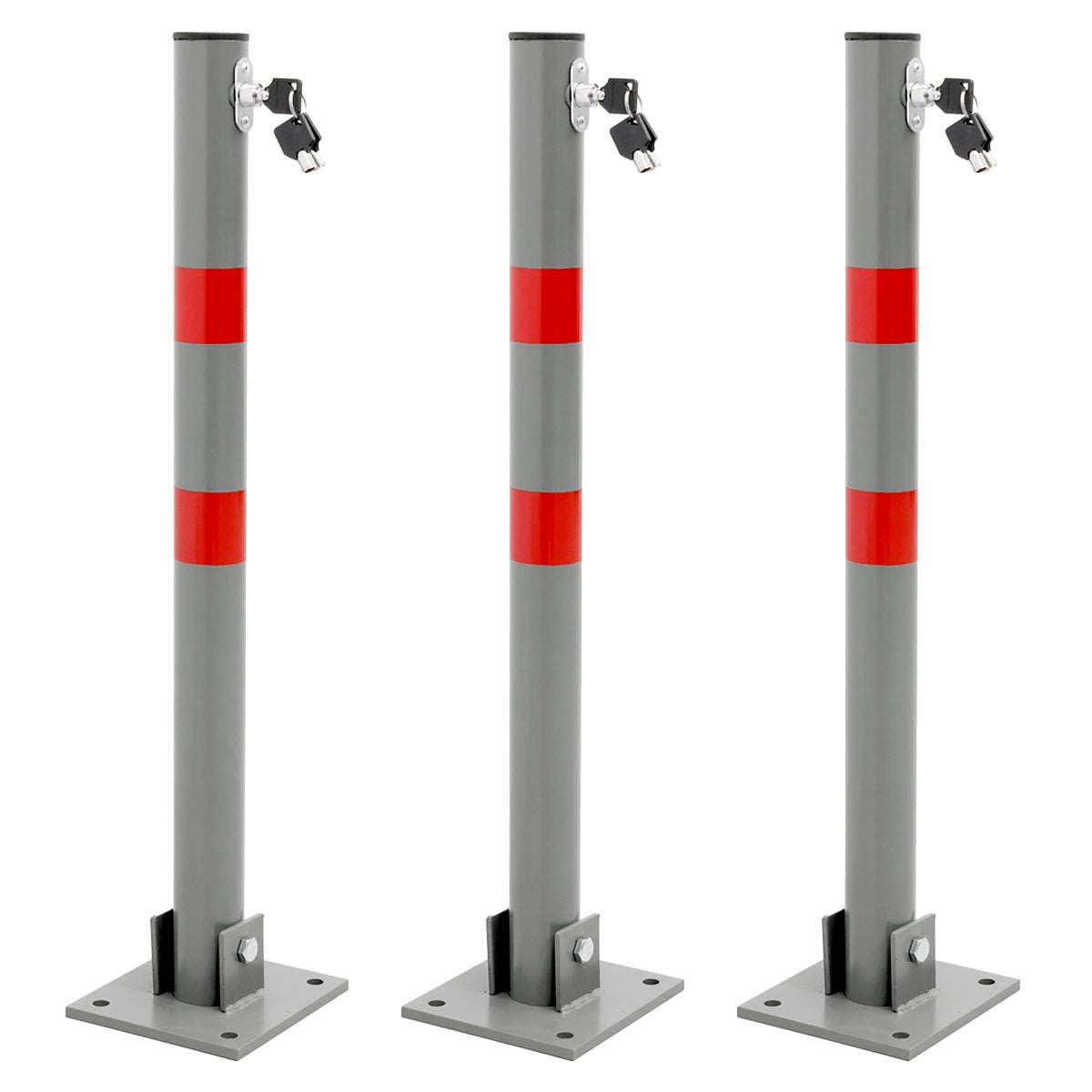ECD Germany 3x Opvouwbare parkeerbeugel, rond, 71 cm, 3 sleutels, stalen parkeerpaal, antraciet met rode waarschuwingsstrepen, paal, parkeerbeugel, parkeerpaal, paal, voet