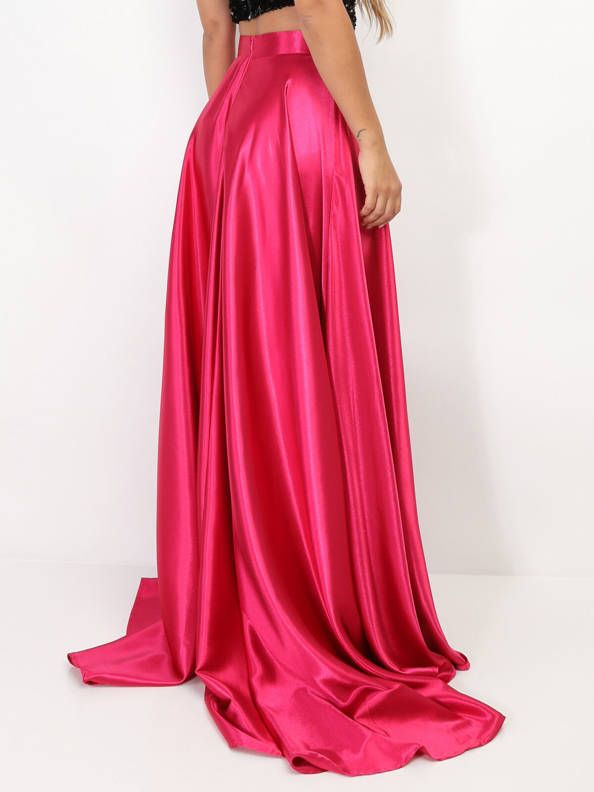 Jupe longue taille haute effet satiné- Fuchsia