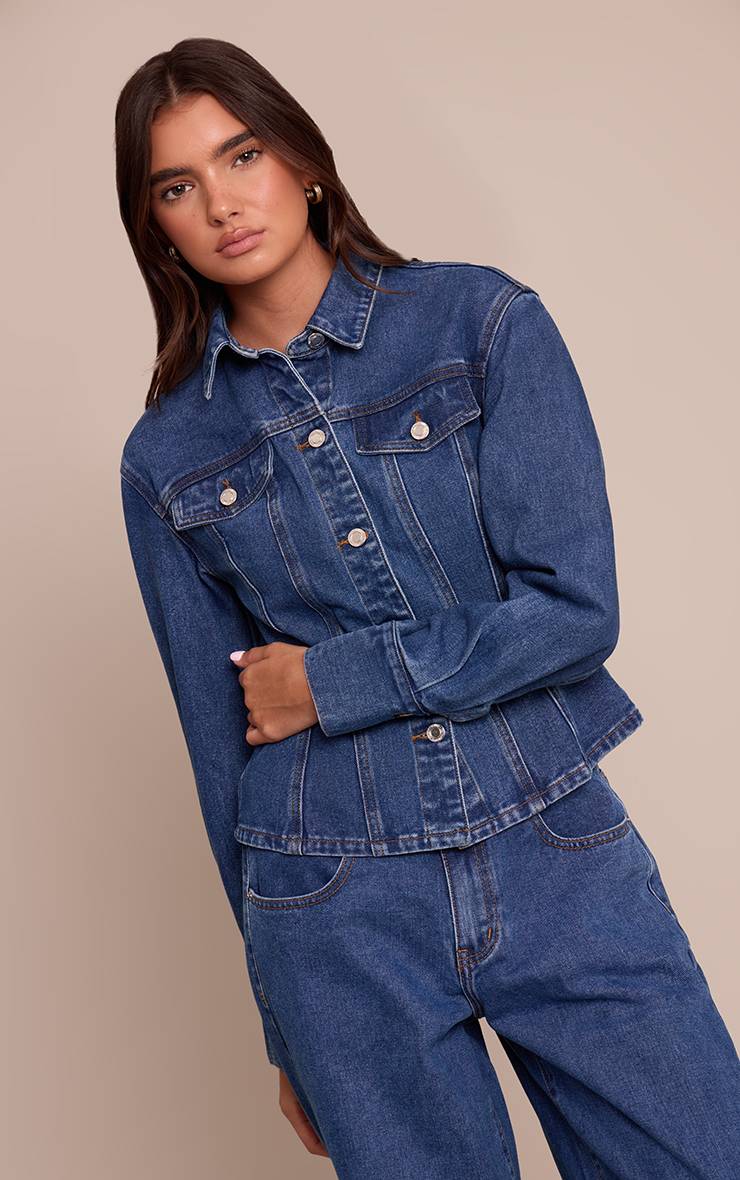 Bleu Foncé Veste En Jean Cintrée À La Taille Manches Longues