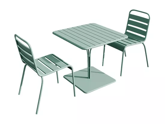 Salle à manger de jardin en métal - une table L.80 cm et 2 chaises empilables - Vert amande - MIRMANDE de MYLIA