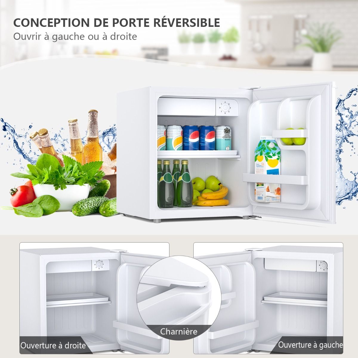 Mini Réfrigérateur 48L, 2 niveaux et porte-bouteille, bac à légumes, Silencieux 230V, 46 x 44 x 49 cm, Blanc - Lidl-Manfred